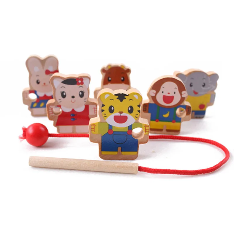 

6Pcs Wooden Blocks Toys for Children Mini Cartoon Animals Stringing Threading Beads Game Educational Toy for Baby Kids Gift