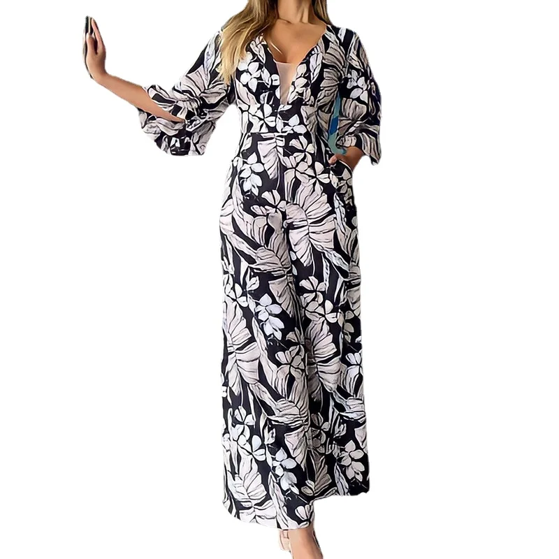 Y2k 2023 Fashion Women's New V Neck Elegant Fashion Printing Pocket Waistband  Jump Suits for Women Esprit Casual Floral Dress