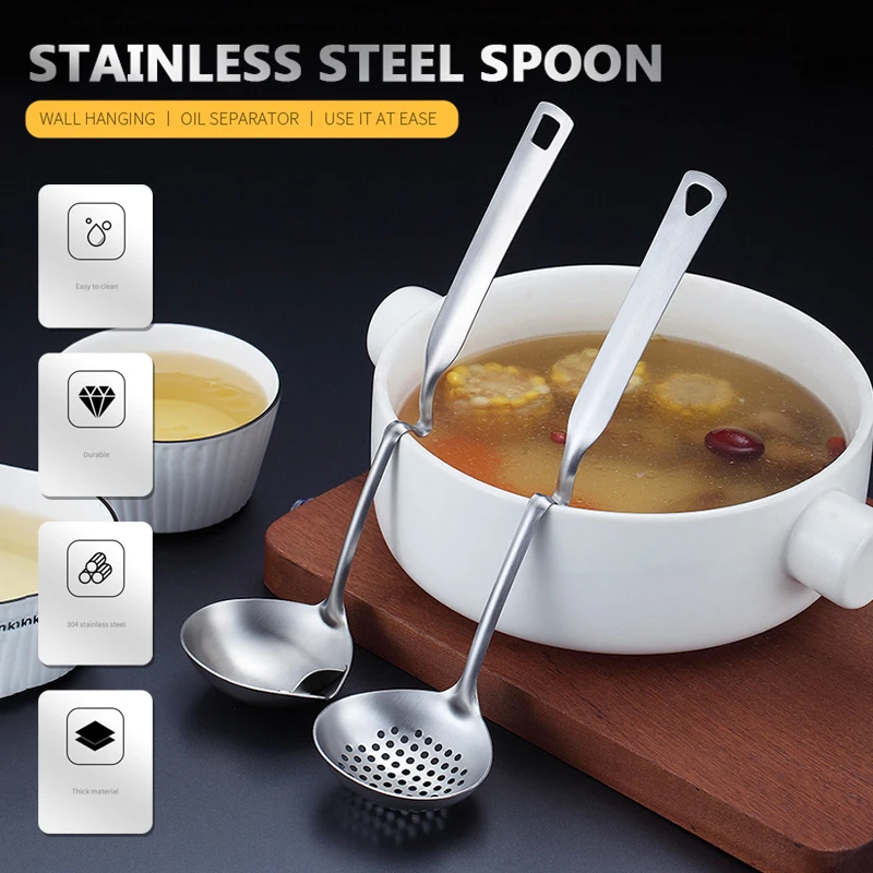 

Stainless Steel Spoon Wall Hanging Hook Drain Oil Filter Oil Separator Soup Spoon Kitchen Hot Pot Colander Anti-scalding Handle