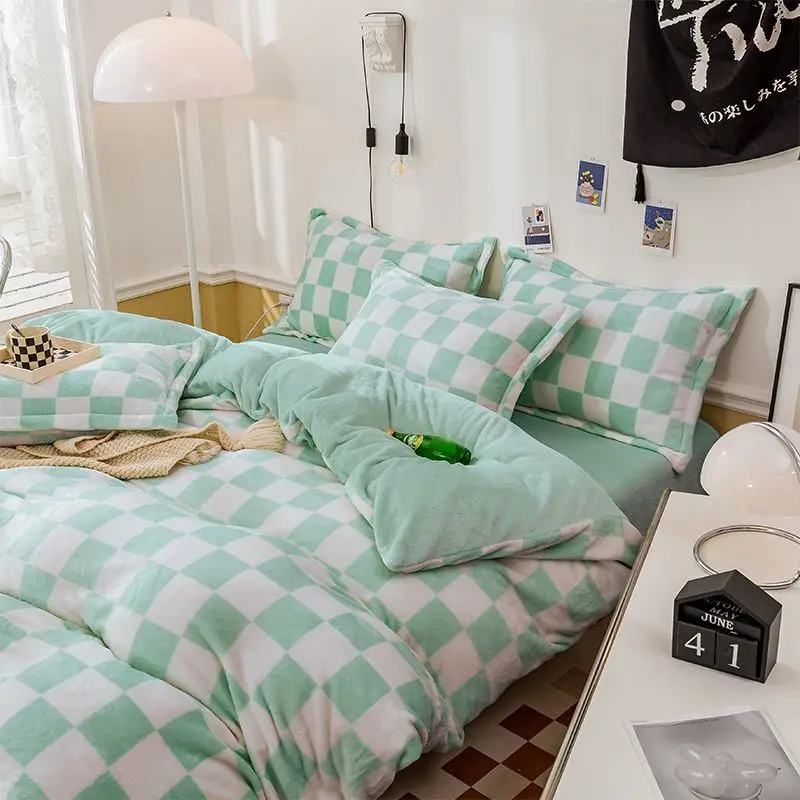 

Nodic Checkerboard Black White Double-sided Milk Fluffy Duvet Cover Coral Fleece Quilt Cover For Autumn Winter