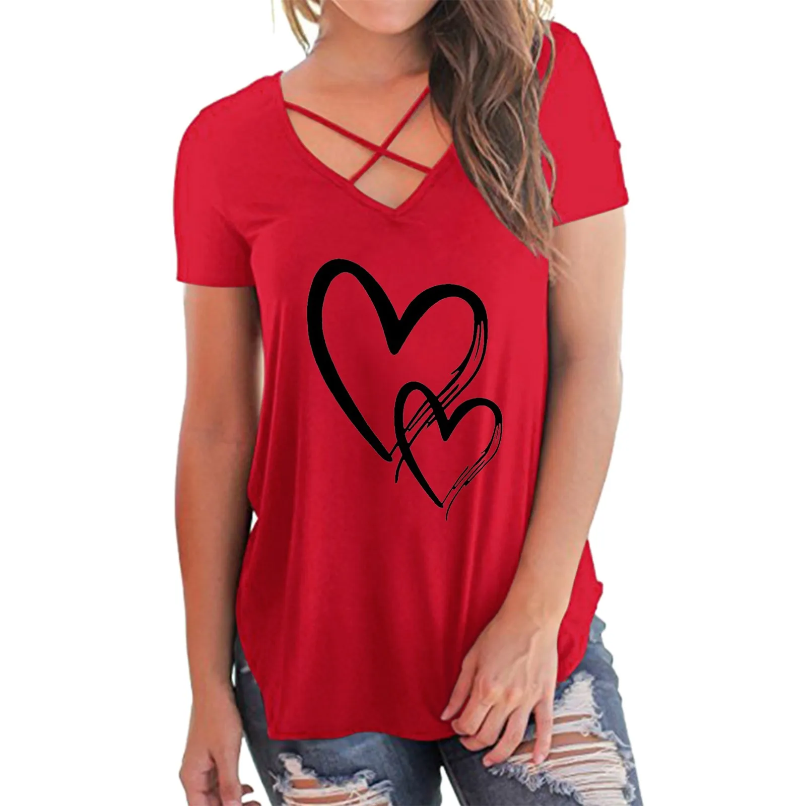 

Women Casual Summer V Neck Short Sleeve Hearts Print Tunic Top Criss Cross Comfort Long Sleeve Running Shirts Women Lady Guard