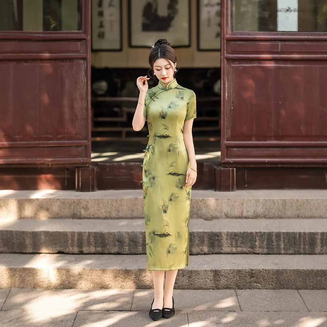 Фото Улучшенное платье Cheongsam в китайском стиле в стиле ретро, облегающее платье Cheongsam с принтом весна/лето 2022, длинное стильное платье Qipao №2