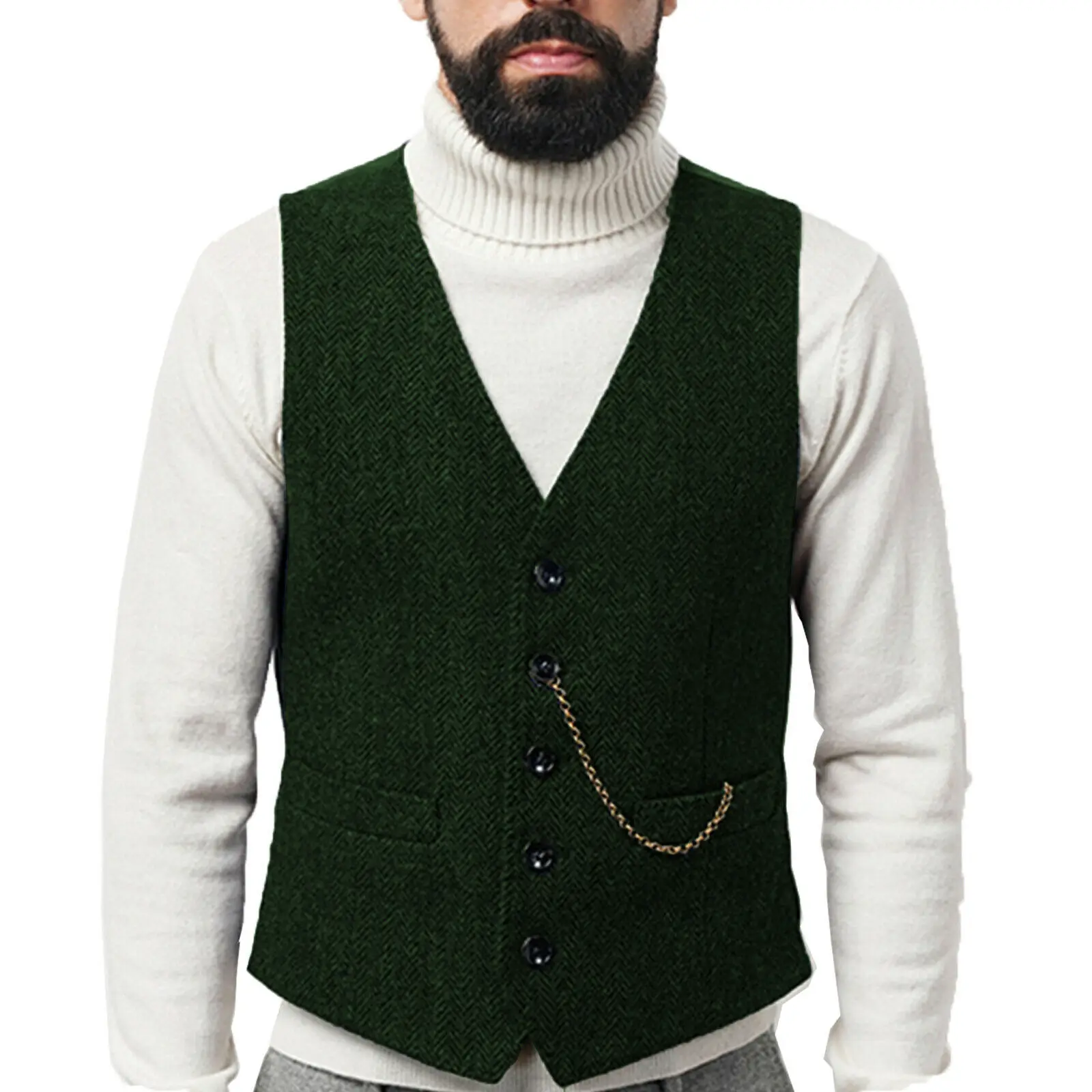 

Men's Suit Vest Army Green Herringbone V Neck 2 Pocket Slim Fit Jacket Business Vests Bridegroom Vintage Steampunk Waistcoat