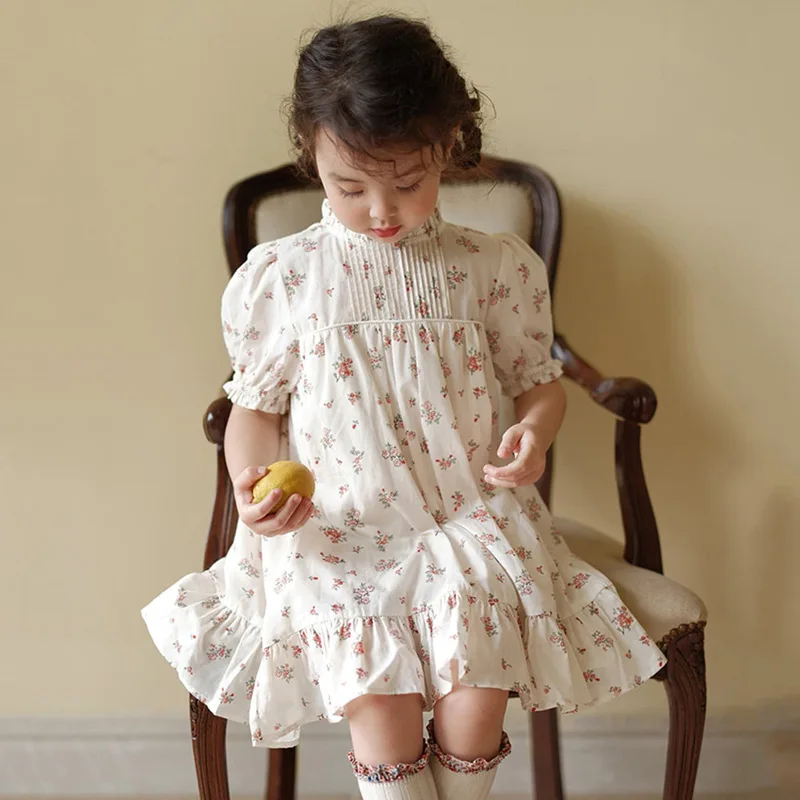 

2023 Ancobear Summer Floral Dress for Baby Girls Kids Korean Fashion Stand Collar Puff Sleeve Daily Dresses Children Outfits