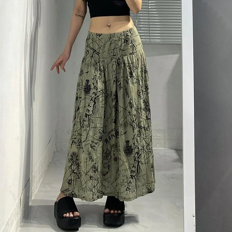

Summer Spring Fairycore Grunge Long Skirts Female Gpaghic Printing Elastic High Waist A-line Skirt Women Y2K Streetwear Clothing