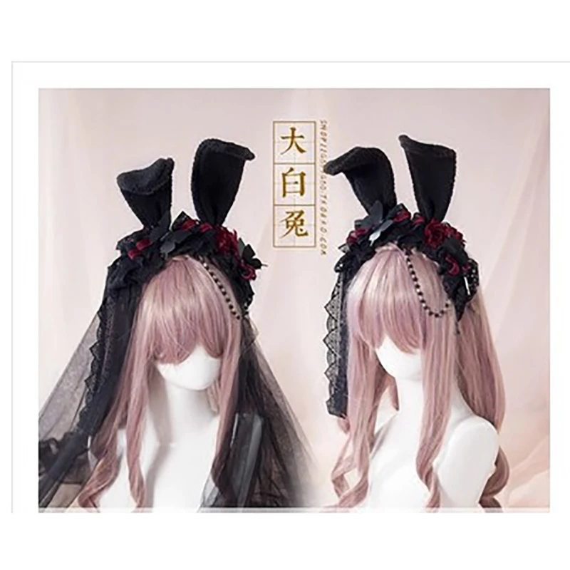 

Bunny ears headband black veil lolita gothic rose rabbit ears kc lace yarn headband gothic lolita accessories