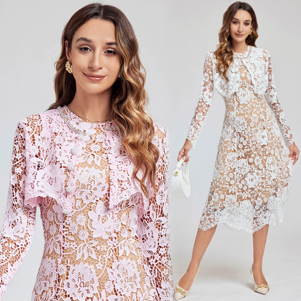 Подиумное осеннее розовое кружевное вечернее платье женское короткое пальто с