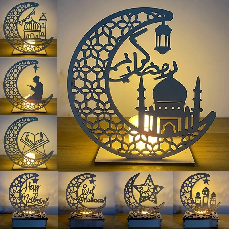 

2022 EID Mubarak Wooden Pendant with LED Candles Light Ramadan Decoration For Home Islamic Muslim Party Decor EID Gifts