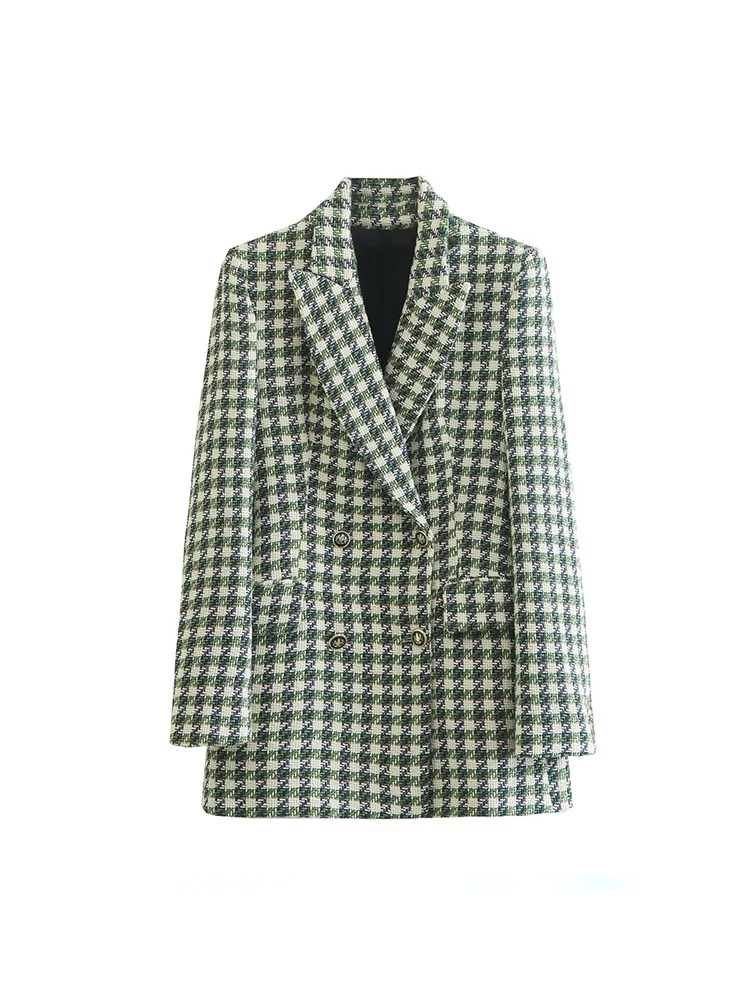 

Women 2022 Autumn New Fashion Double Breasted Tweed Blazer Coat Vintage Long Sleeve Pockets Female Outerwear Chic