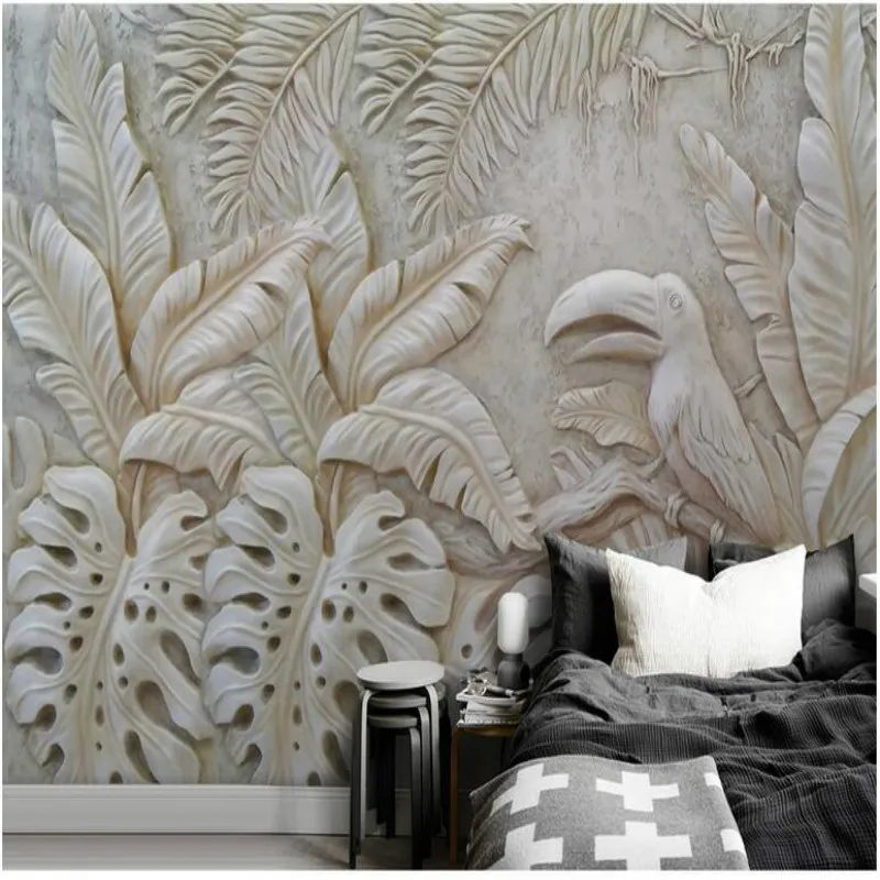 Кастомная 3D стереоскопическая серая рельефная тропическая обои с фотографией растительных листьев тукана. Модерн обои для домашнего декора.