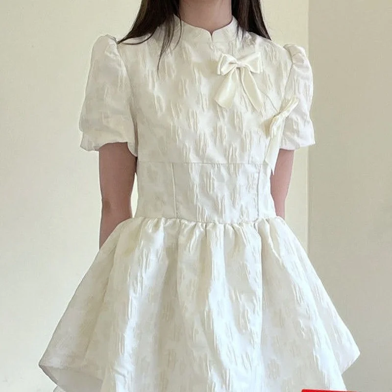 

Sunset Park New Chinese Retro French White Dress Sweet Puff Sleeve Princess Puffy Dress Female Y2k Vintage Dress