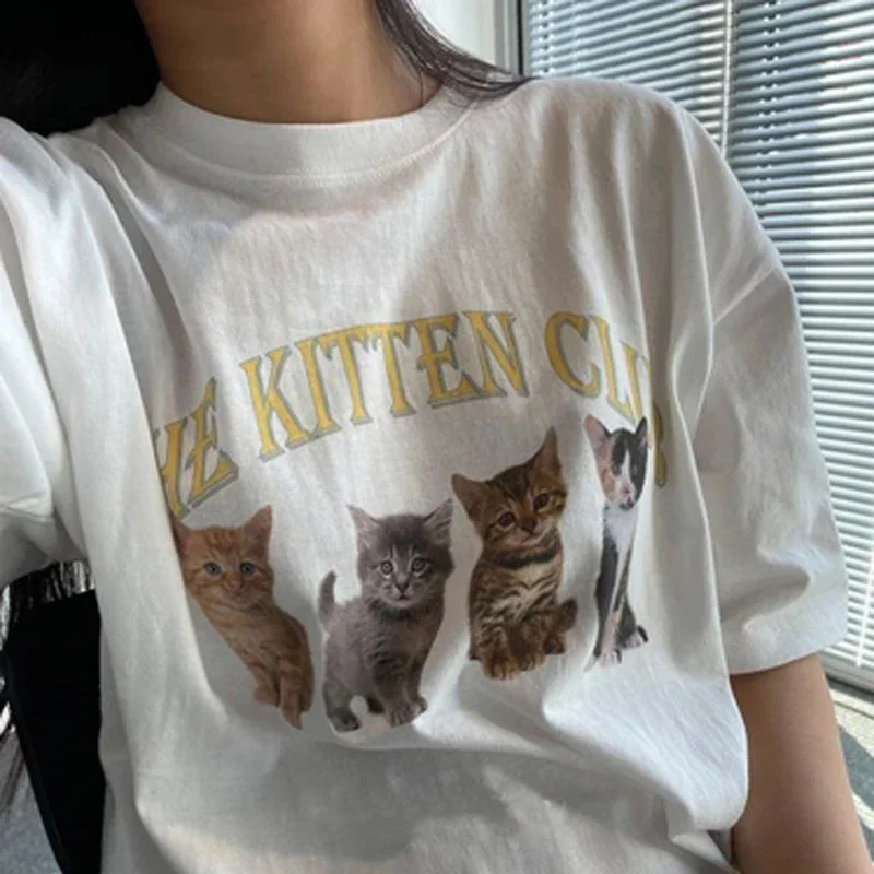 Kawaii The Kitten Club Женская футболка Уличная белая с короткими рукавами и рисунком