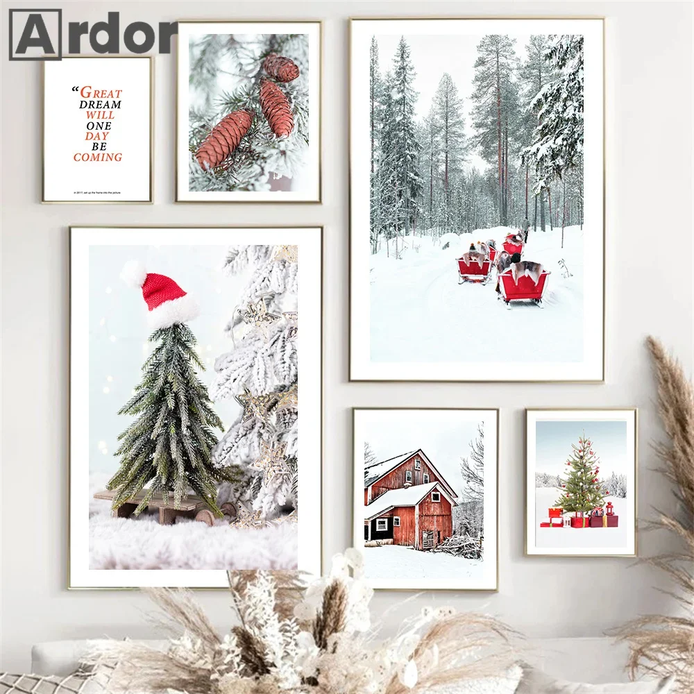 Рождественская елка постеры сосна автомобиль Картина на холсте зимний Снежный