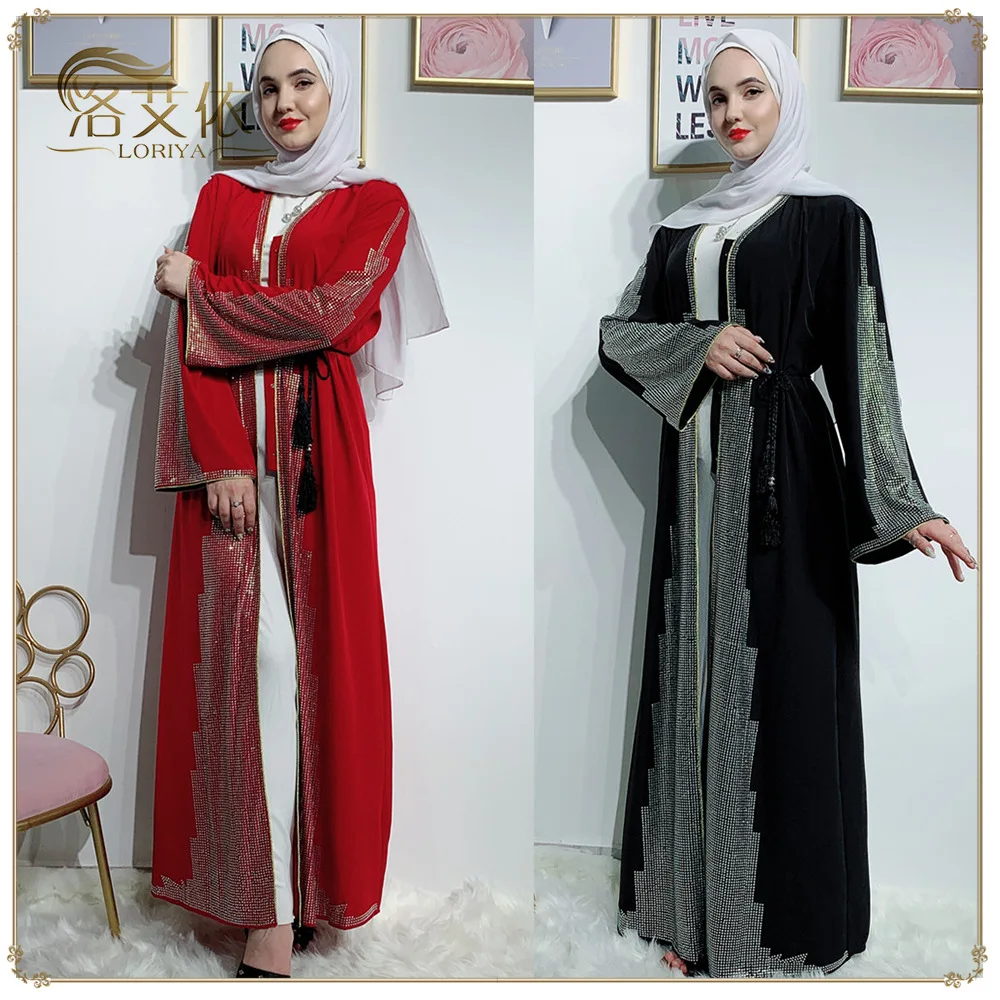

Bling Muslim Abaya Dubai Cardigan Kimono Beading Open Abaya Casual Kaftan Abaya with Sashes Caftan Prayer Ramadan Eid Al-Adha