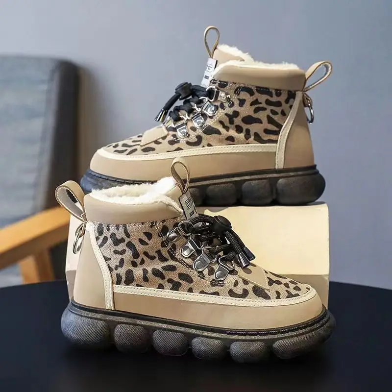 Girls' Cotton Shoes New Autumn and Winter Fashion Plush Thickening Warm Leopard Print Casual Sports Shoes Children's Winter Shoe
