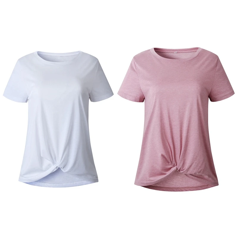 

2X Womens Short Sleeve Tops Casual Crew Neck Loose Fit Tie Front Knot Simple Irregular Cross T-Shirt S Size White/Pink