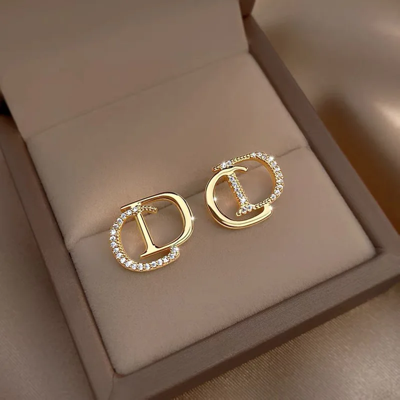 

925 Silver Earrings European and American Gold Diamond Letter CZ Earrings Women's Simple Earrings Jewelry Gift