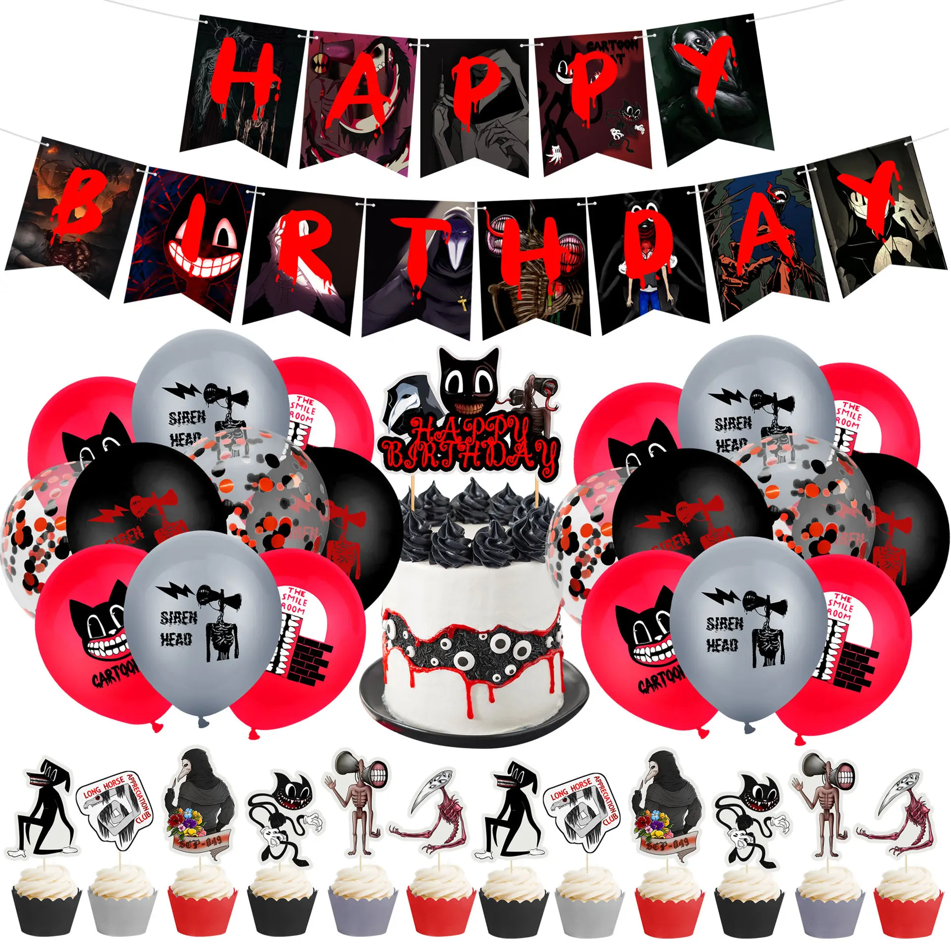 

Police Siren Head Black Cat Horror Monster Theme Birthday Party Set Pull Flag Balloon Cake Insert Balloon Children Birthday Gift