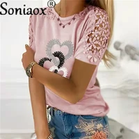 new lace heart print t shirt womens top casual o neck short sleeve tees shirt loose 2022 summer hollow out pullover tshirts
