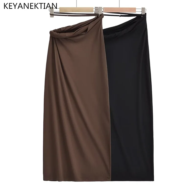 

KEYANKETIAN Summer New Chic Hollow High-Waisted Design Rayon Skirt Women Asymmetrical Knot Long Ankle-Length MIDI Skirt