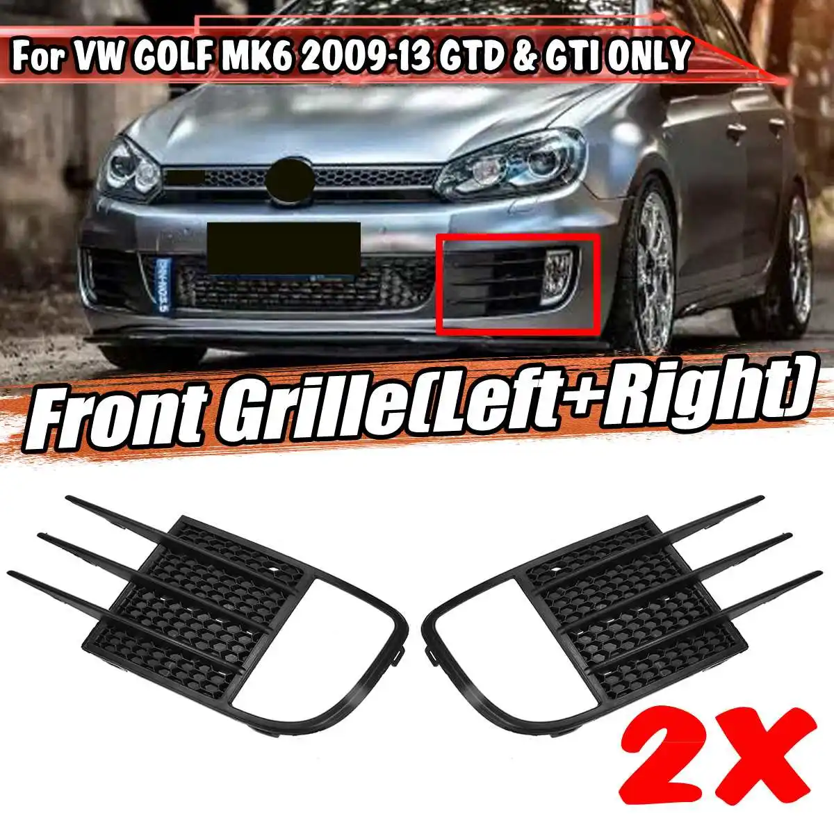 

Black 2pcs Car Front Bumper Fog Light Grille Grill For Volkswagen For VW For Golf MK6 GTD & GTI 2009-2013 5K0853665C 5K0853666C