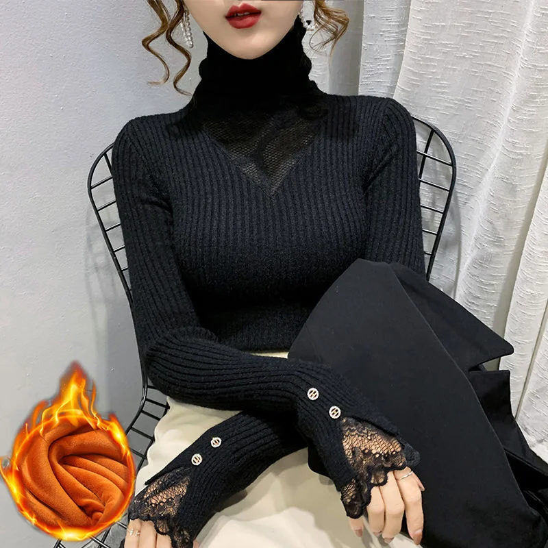 

2023 Add Velvet Bottoming Shirt Women Autumn and Winter Mesh Lace Stitching Turtleneck Slim Knit Lady Shirt Blusa