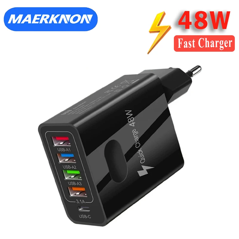 

PD 48W USB Charger Fast Charging Type C Charger Five Ports Quick Charge For IPhone 11 12 Pro Samsung Xiaomi Wall Charger Adaptor