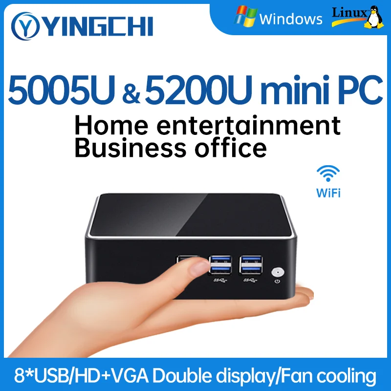 YINGCHI Mini PC Intel Core i3 5005U i5 5200U HD and VGA Dual Ports Home Office Desktop Computer