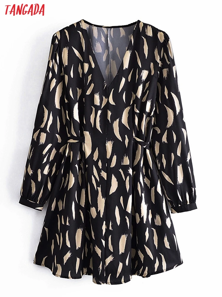 

Платье-мини женское с геометрическим принтом, V-образным вырезом и длинным рукавом