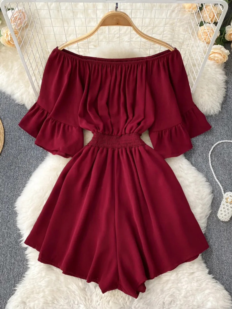 

Summer Women Playsuits 2022 Fashion Solid Slash Neck Off-shoulder Short Sleeve Elastic Waist Wide Leg Short Pants Overalls