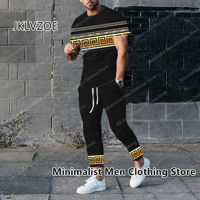

Summer Men's Trousers Tracksuit Set Short Sleeve T Shirt+Long Pants 2 Piece Set Luxury Brand Men Oversized Clothes Outfits