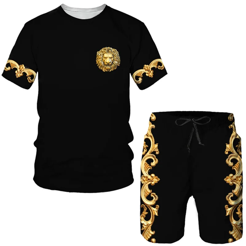 Men's Tracksuit 3D Golden Pattern Lion Head Printed Men T-shirt+Shorts Suit Oversized Summer Casual Man Sportswear 2-Piece Set