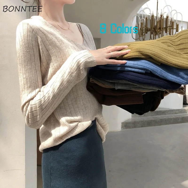 

Pullovers Women Basic Spring V-neck Korean Style All Match Casual Student Fashion Sweater Striped Full Sleeves Tops Female Chic