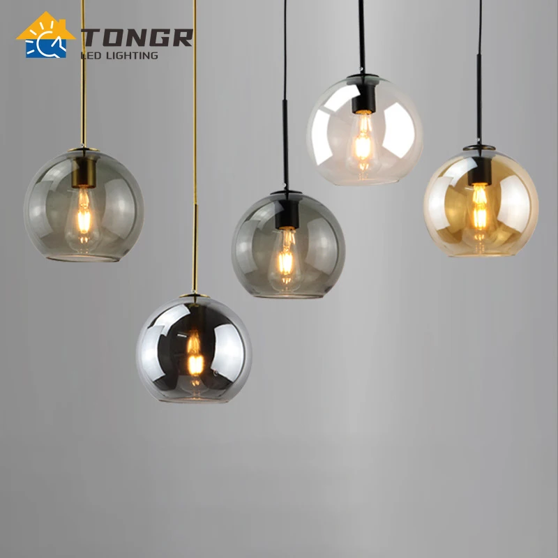 

Nordic Smoke Gray Glass Ball Chandelier Bedroom Bedside Pendant Lamp Decor Restaurant Hanging Simple Light Luxury Luminaire Lamp