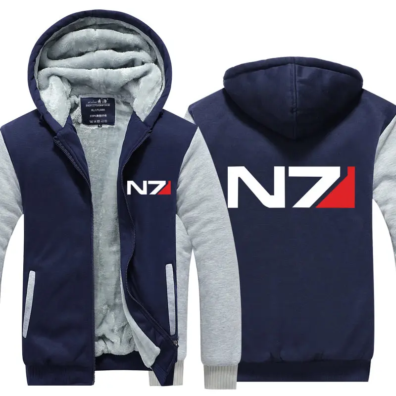 Cosplay N7 Mass Effect Zip Up Hoodie Men Black Anime Hooded Sweatshirt Women Embordery Fleece Thick Warm Sweetshirt Streetwear