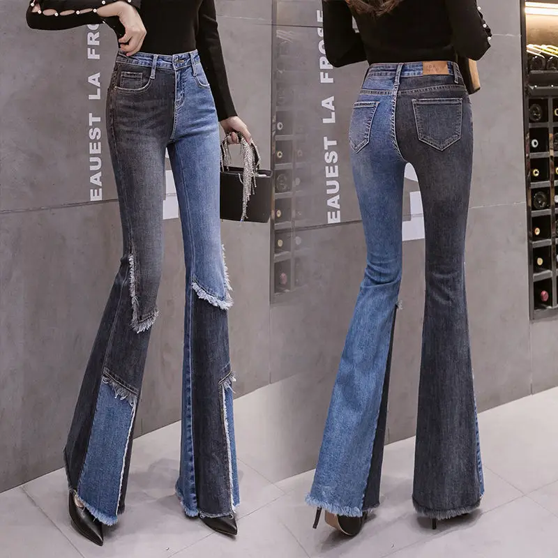 

Vintage Patchwork Flared Jeans Ladies Stretch High Waist Skinny Boot-Cut Denim Trousers Fashion Panelled Pants for Women M459