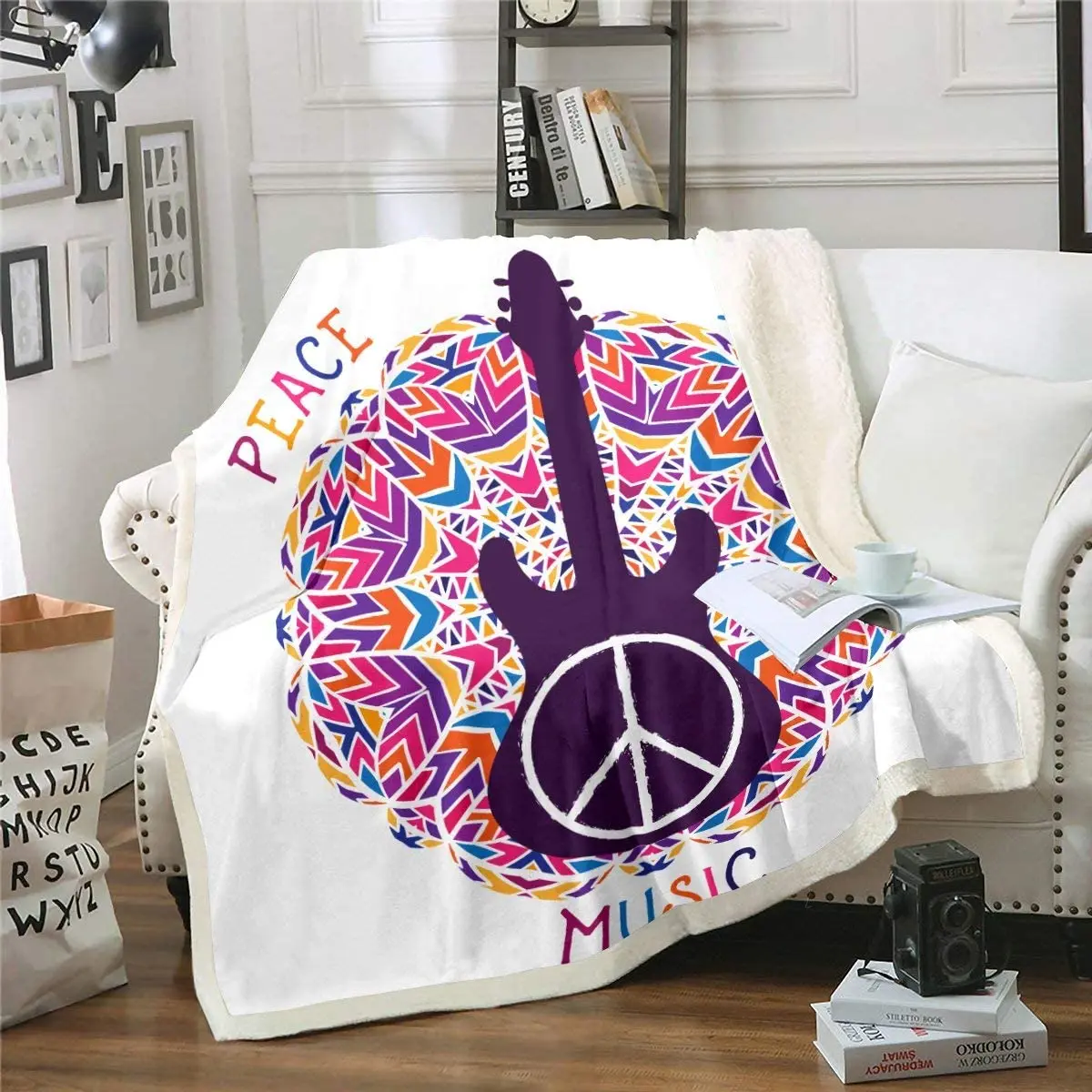 

Purple Guitar Plush Blanket Peace Sign Blanket Mandala Chic Flower Blanket Men's Teen Rock Music Themed Throw Blanket