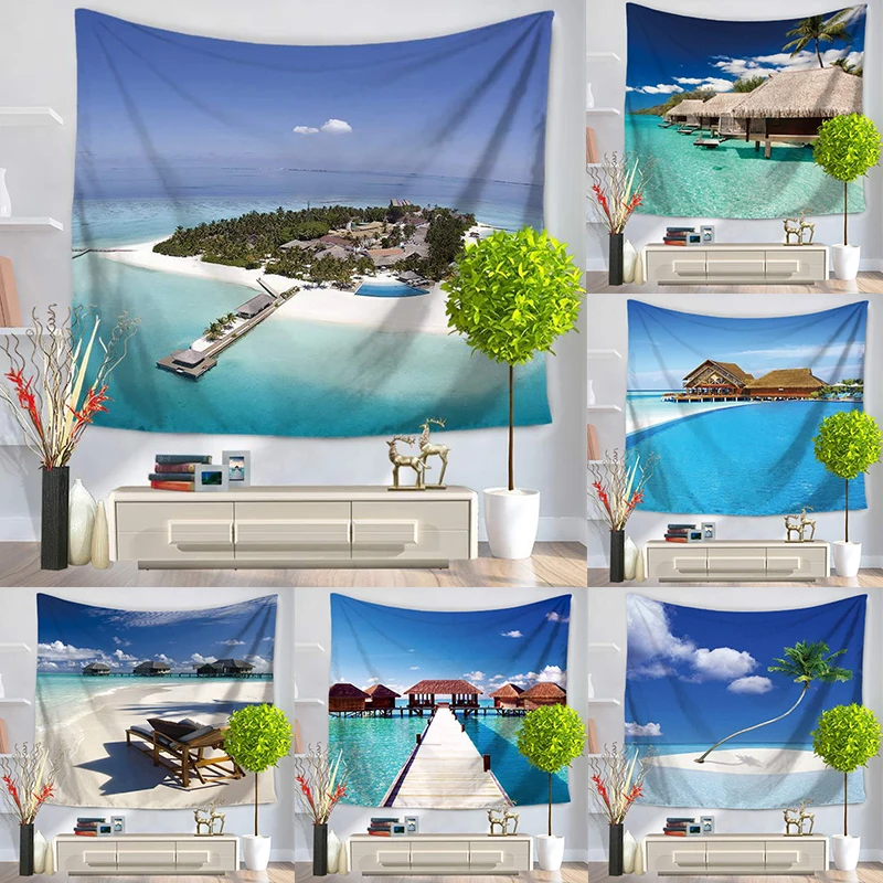 

Summer Beach Polyester Tapestry Hanging Wall Carpet Blue Sky Seaside Landscape Tapestries Palm Tree Print Room Decor Wall Cloth