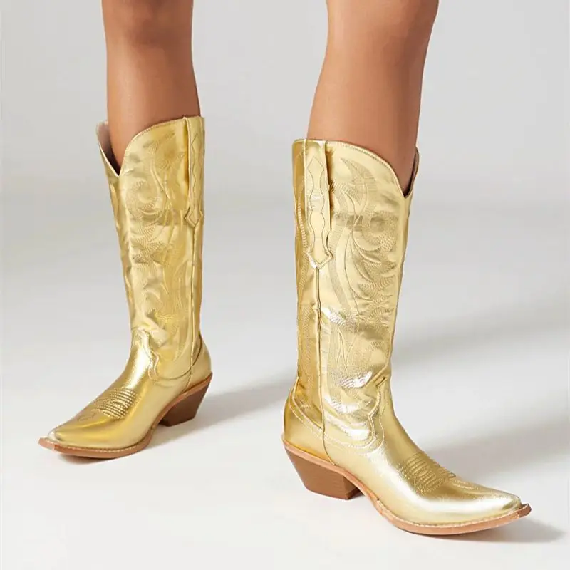 Женские ковбойские ботинки западные высокие золотые кожаные до середины икры на