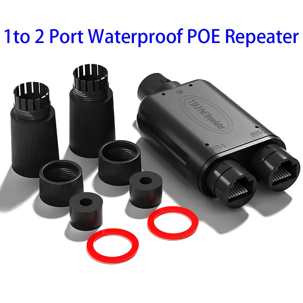 Фото 2-портовый водонепроницаемый POE-ретранслятор IP66 10/100 Мбит/с, удлинитель PoE 1-в-2, черный, с IEEE802.3af/at 48В, для наружного использования, для POE-коммутаторов и камер №1