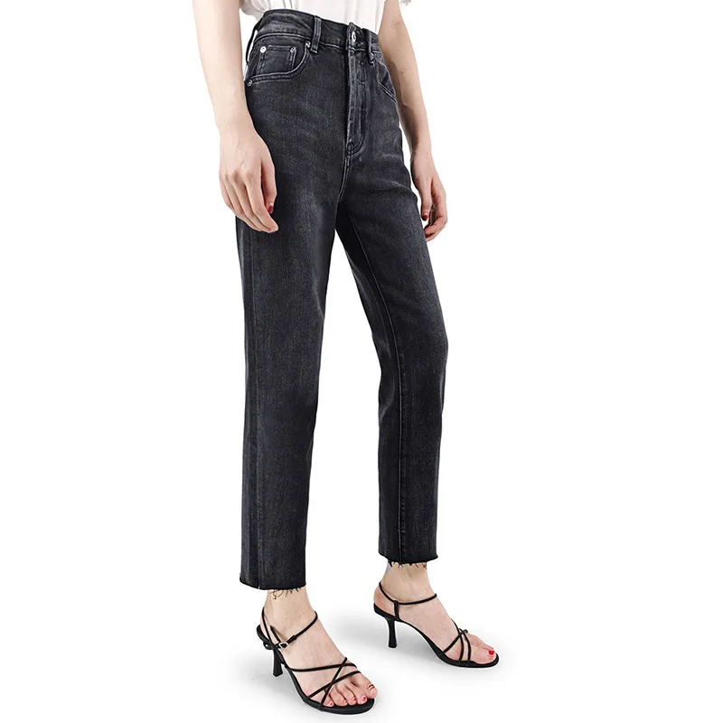 

2021 New Spring Summer Fashion Black Grey High Waisted Nine Point Lace Stretch Jeans Show Thin Small Straight Pants A6