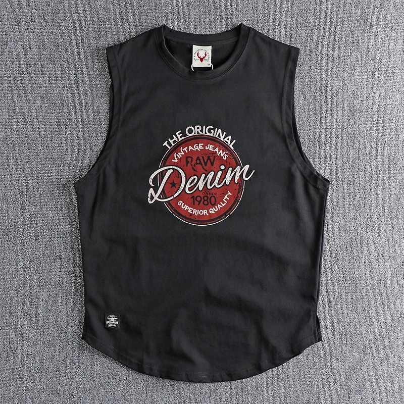 

Vintage lettered printed sleeveless tank top men's washable cotton is loose and comfortable with youth sports t-shirt