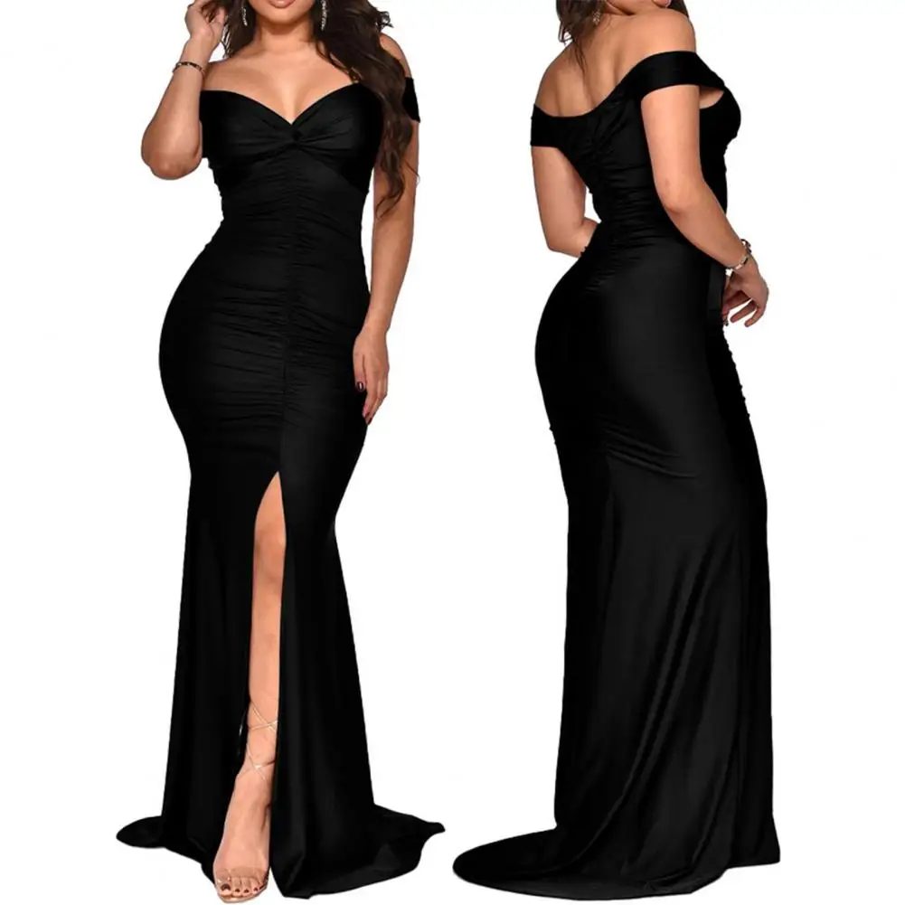 

Women Long Dress V Neck Off Shoulder High Waist Slim Sleeveless Solid Color Summer Pleated Slit Maxi Bodycon Dresses Vestidos