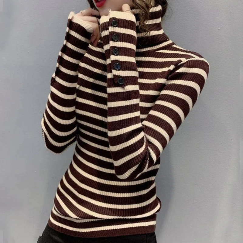 

Women Pullover Turtleneck Sweater Button Long Sleeve Striped Rib Knit Jumper Top