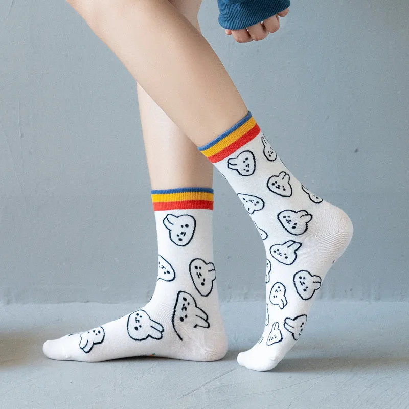 

1 Pair Spring Summer Harajuku Cartoon Rabbit Cute Animal Women Lady Cotton Socks Korean Designer Kawaii Mid Tube Cotton Socks
