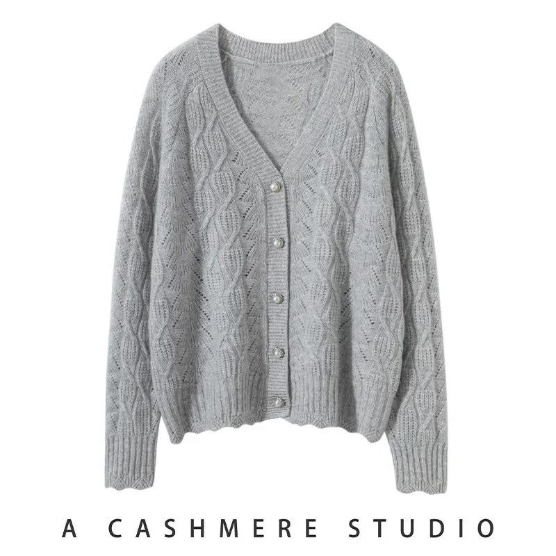 Весна и осень 2023 новый вязаный кардиган с v-образным вырезом ромбовидной вышивкой