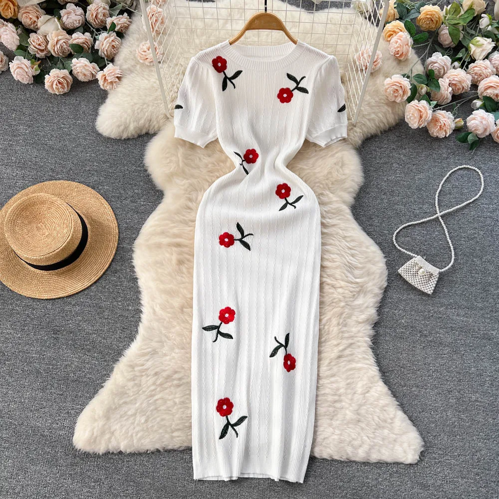 Summer Embroidered Rose Knit Dress Women's New Fashion Round Neck French Short Sleeve Casual Clothes Vestidos De Mujer J380