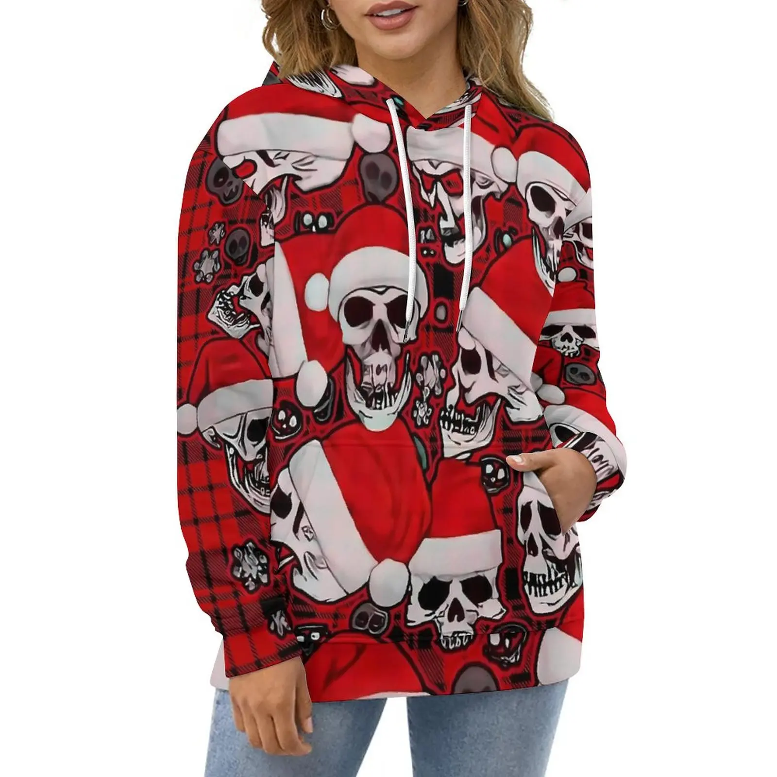 

Рождественские повседневные толстовки с изображением черепа, смешные черепа Y2k, свободная толстовка с принтом, зимняя одежда большого размера в стиле хип-хоп с длинным рукавом