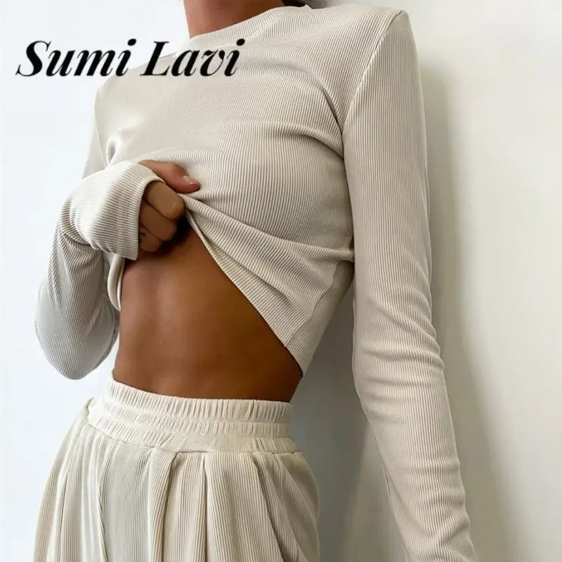 

Женский трикотажный костюм из двух предметов, пуловер в рубчик с длинными рукавами и круглым вырезом и длинные брюки, костюм для отдыха, осень 2023