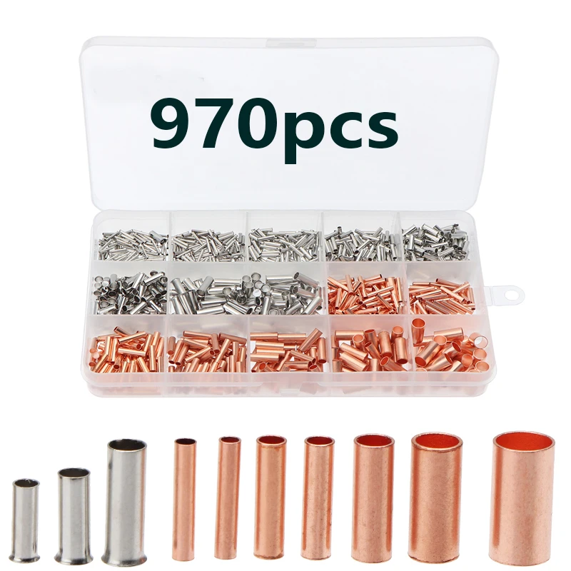 970pcs/set Copper Pipe Connection Joint Wire Small Copper Cable Crimp Terminal Lug Bushings Kit with Heat Shrink Tube Plier